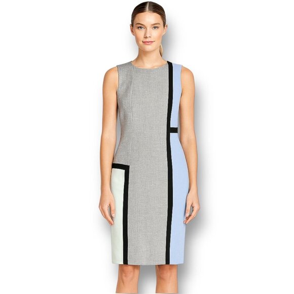 Calvin Klein 10 Gray Blue Sheath Midi Dress Office Career Retro Mod Colorblock - Picture 1 of 10